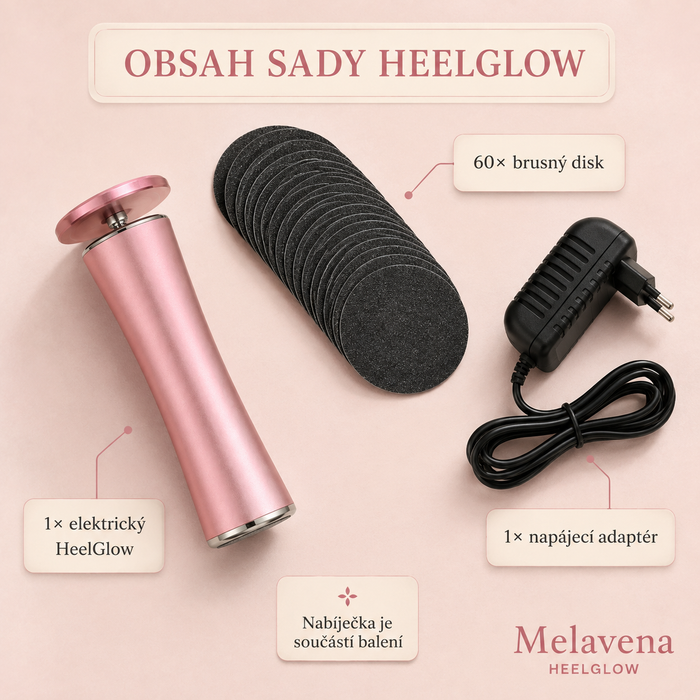 Obsah sady HeelGlow včetně napájecího adaptéru